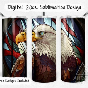 Patriotic Eagle - Digital 20oz Skinny Stained Glass Tumbler Wrap American Flag USA Tapered Straight Sublimation Design PNG Instant Download