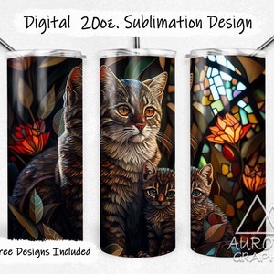 Può includere: Un design di sublimazione con una gatta madre e un gattino su uno sfondo floreale in vetro colorato. Il design è perfetto per un bicchiere da 20 oz.