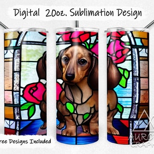 Stained Glass Dachshund - Digital 20oz Skinny Tumbler Wrap Pet Dog Puppy Doxie Mosaic Seamless Tapered Straight Design PNG Instant Download