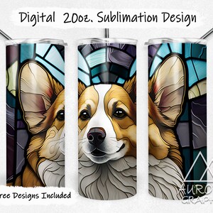May include: A sublimation design for a 20oz tumbler featuring a stained glass style illustration of a corgi dog. The design includes shades of blue, purple, and brown.