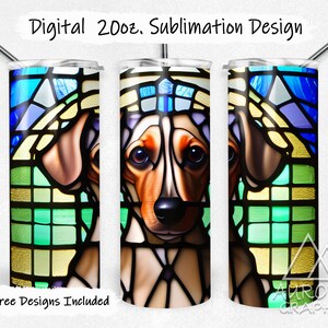 Stained Glass Dachshund - Digital 20oz Skinny Tumbler Wrap Pet Dog Puppy Doxie Mosaic Seamless Tapered Straight Design PNG Instant Download
