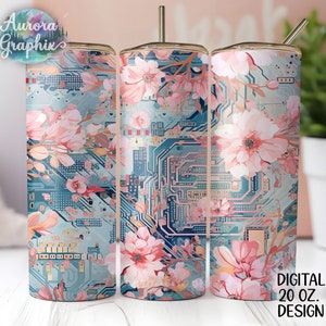 May include: Three 20 oz. stainless steel tumblers with a digital design featuring a blue circuit board pattern with pink and white floral accents.