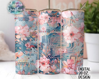 Floral CPU - Digital 20oz Skinny Tumbler Wrap Computer I.T. Coding Board Seamless Tapered Straight Sublimation Design PNG Instant Download