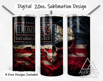Trump 2024 - Digital 20oz Skinny Tumbler Wrap Red White Blue USA Trump Skull MAGA Tapered Straight Sublimation Design PNG Instant Download