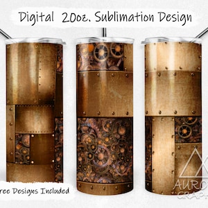 May include: A sublimation design for a 20oz tumbler featuring a steampunk-inspired pattern with gears, metal plates, and rivets. The design is in shades of brown, gold, and rust.