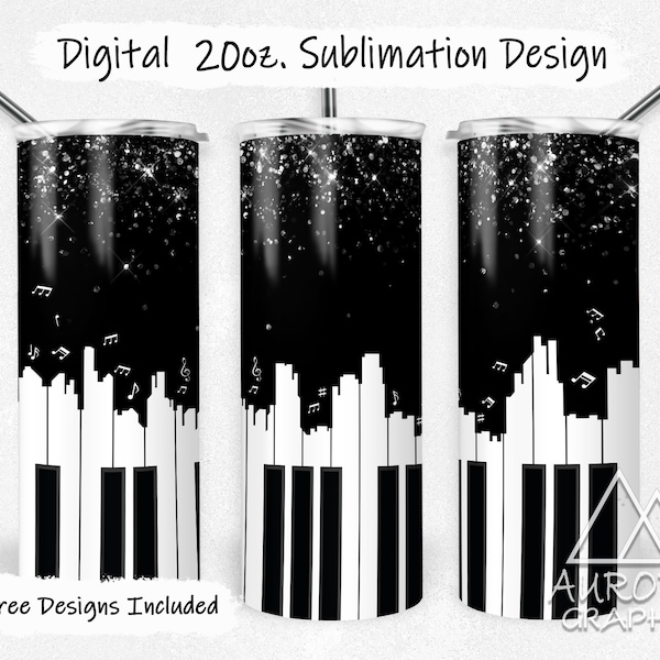 Piano Keys - Digital 20oz Skinny Tumbler Wrap Music Lover Notes Black Glitter Skyline Seamless Tapered Straight Design PNG Instant Download