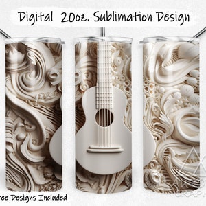 Può includere: Un design di sublimazione per un bicchiere da 20 oz. con una chitarra bianca e intricati disegni di carta bianca su uno sfondo beige. Il testo "Digital 20oz. Sublimation Design" è nella parte superiore dell'immagine.