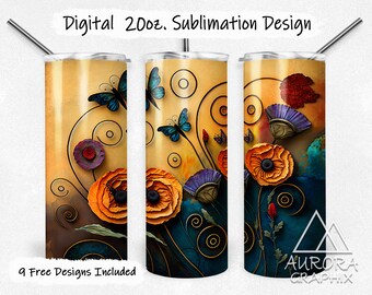 Poppy Flowers - Digital 20oz Skinny Tumbler Wrap Whimsical Poppies Rustic Chic Tapered Straight Sublimation Design PNG Instant Download