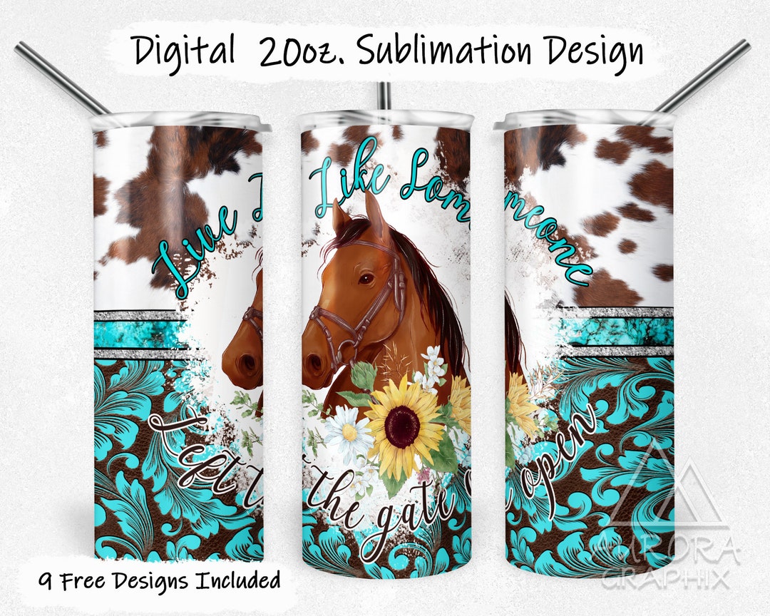 Horse - Digital 20oz Skinny Tumbler Wrap Sunflower Teal Cow Print ...