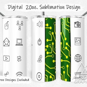 May include: Nine sublimation designs for 20 oz tumblers featuring icons related to technology and the internet. The designs include a mouse, a computer, a speaker, a power button, a chain link, a play button, a double arrow, a share icon, a wifi symbol, a camera, a picture frame, a globe, and a CD. The designs are on a green background with yellow circuit board patterns.