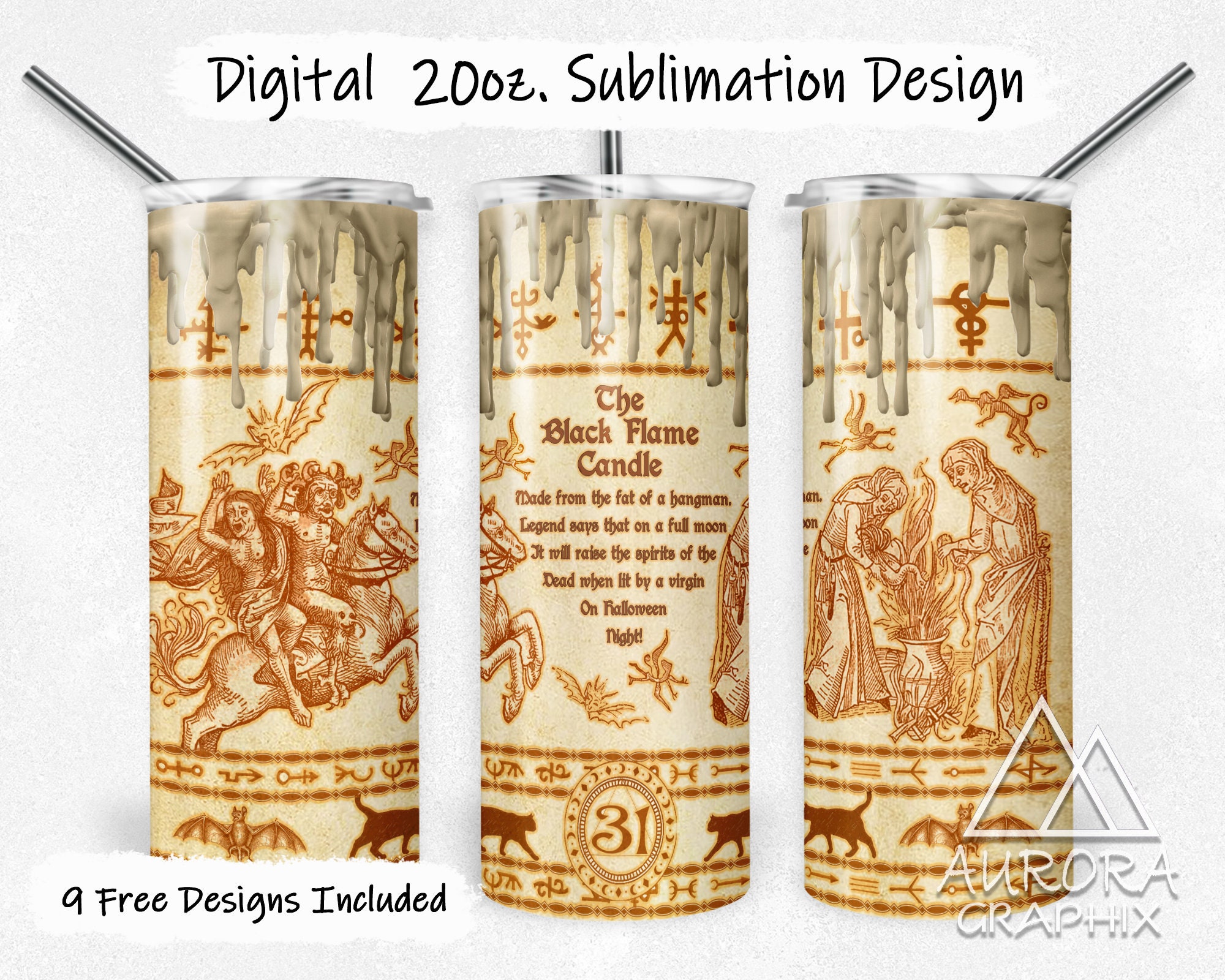 Black Flame Candle - DIGITAL 20oz Skinny Tumbler Wrap, Halloween 