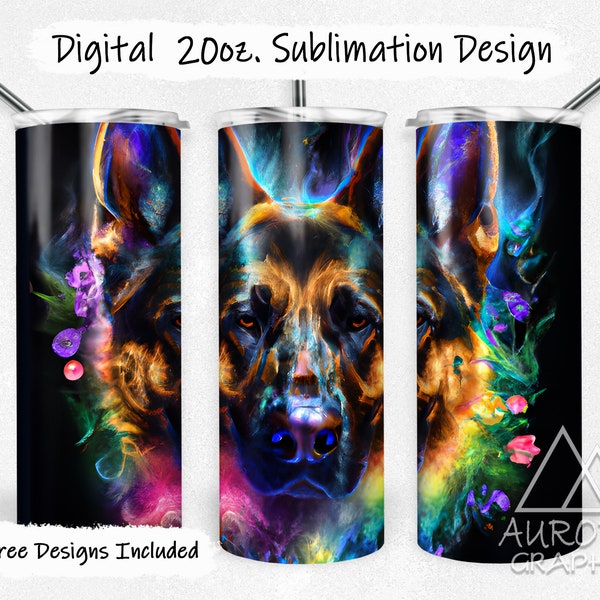 German Shepherd Dog  - Digital 20oz Skinny Tumbler Wrap Neon Rainbow Floral Tapered Straight Sublimation Design PNG Instant Download