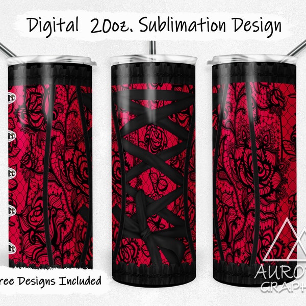 Red Corset - Digital 20oz Skinny Tumbler Wrap Vintage Black Lace Steampunk Seamless Tapered Straight Design Design PNG Instant Download