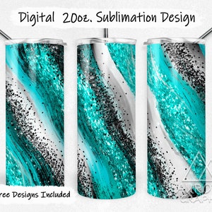Teal & Black - Digital 20oz Skinny Tumbler Wrap Milky Way Glitter Seamless Tapered Straight Sublimation Design Transfer PNG Instant Download