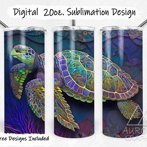 May include: A set of three 20oz. sublimation tumblers featuring a detailed sea turtle design. The design includes a vibrant color palette of blues, greens, and purples, with the text "Digital 20oz. Sublimation Design" at the top and "9 Free Designs Included" at the bottom.