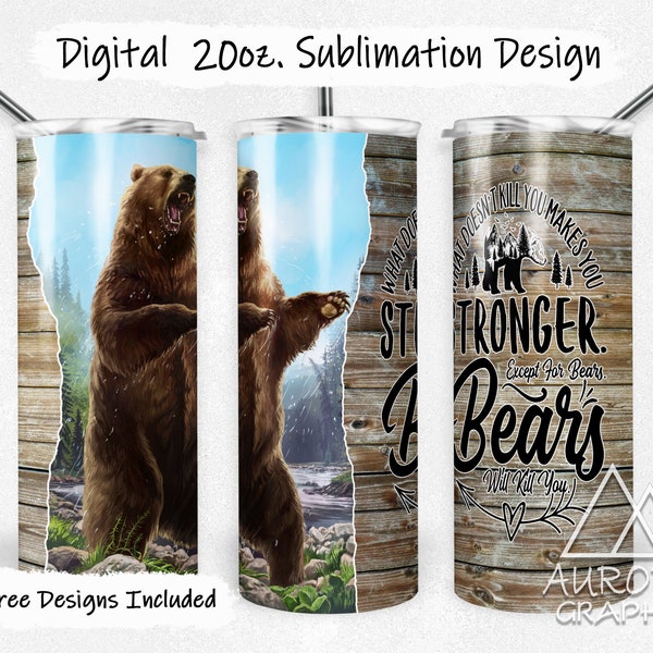 Grizzly Bear - Digital 20oz Skinny Tumbler Wrap Bears Will Kill You Seamless Tapered Straight Sublimation Design PNG Instant Download