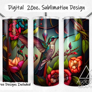 Hummingbird - Digital 20oz Skinny Stained Glass Tumbler Wrap Floral Flower Bird Window Seamless Tapered Straight Design PNG Instant Download