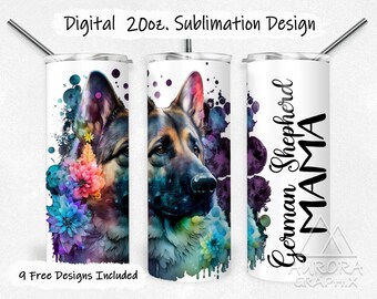 Op de afbeelding: Een sublimatieontwerp voor een 20 oz. tumbler met een aquarel van een Duitse herder met kleurrijke bloemen. De tekst "German Shepherd Mama" staat op de tumbler.