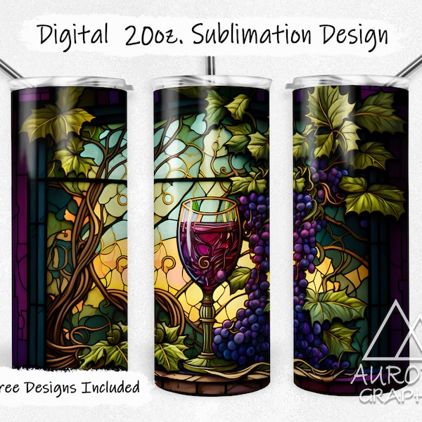 Stained Glass Vineyard - Digital 20oz Skinny Tumbler Wrap Wine Country Grapes Seamless Tapered Straight Design PNG Instant DIGITAL Download