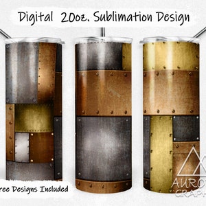 May include: A sublimation design for a 20 oz. tumbler featuring a metallic pattern with gold, brown, and silver tones. The design has a patchwork look with rivets and a distressed texture. The text "Digital 20oz. Sublimation Design" is at the top of the image. The text "9 Free Designs Included" is at the bottom of the image.