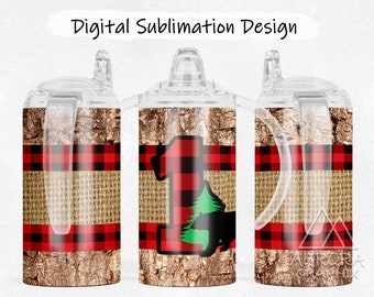 Plaid Bear - Digital Kids Straight Sippy Cup Tumbler Wrap Buffalo Plaid 1st Birthday Straight Sublimation Design PNG Instant Download