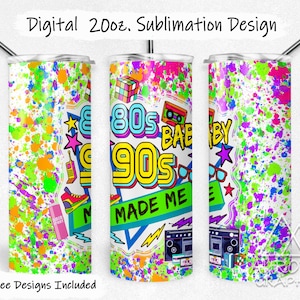 Back To The 80's - Digital 20oz Skinny Tumbler Wrap Classic Retro Nostalgia Seamless Tapered Straight Design Design PNG Instant Download