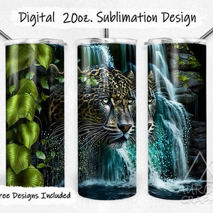 Leopard - Digital 20 Unzen Skinny Tumbler Wrap Gepard Schöne Wasserfall Dschungel Szene Taper Gerade Sublimation Design PNG Instant Download