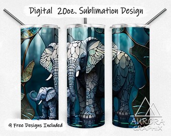 Elephants - Digital 20oz Skinny Stained Glass Tumbler Wrap Jungle Tropical Safari Window Tapered Straight Design PNG Instant Download