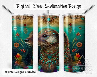 Tribal Sea Otter - Digital 20oz Skinny Tumbler Wrap Native American Sea Animals Tapered Straight Sublimation Design PNG Instant Download