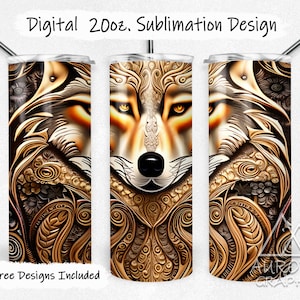 May include: A sublimation design for a 20oz tumbler featuring a wolf's face with intricate gold and brown floral patterns. The design is perfect for creating custom tumblers.