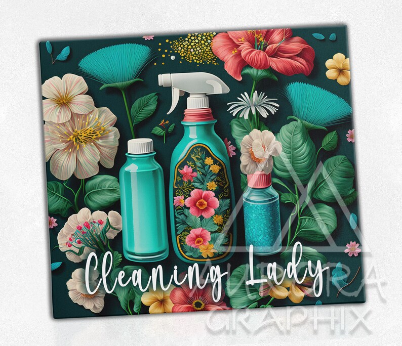 May include: A teal green cleaning spray bottle with a floral design and a white spray nozzle. Two other teal green bottles are also in the image, surrounded by colorful flowers and green leaves. The text "Cleaning Lady" is written in white on a dark green background.