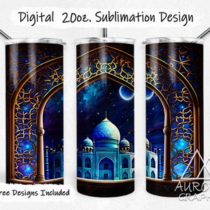 May include: A sublimation design for a 20 oz. tumbler featuring a detailed illustration of a mosque with a starry night sky and a crescent moon. The design is framed by a gold ornate archway.