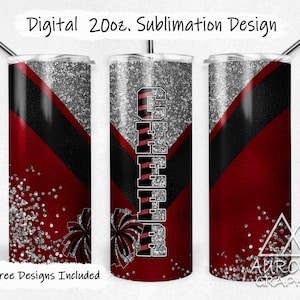 May include: A sublimation design for a 20oz tumbler featuring a red, black, and silver glitter design with the word "CHEER" in white letters. The design includes a silver glitter background with a black and red diagonal stripe pattern. The tumbler is a popular item for cheerleaders and sports fans.