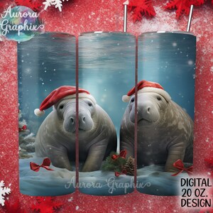 May include: A digital design for a 20 oz. tumbler featuring two manatees wearing Santa hats and swimming underwater with a snowy background. The design includes a red bow and a Christmas tree.