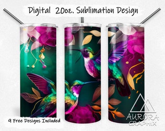 Hummingbirds - Digital 20oz Skinny Tumbler Wrap Birds Flowers Floral Alcohol Ink Painting Tapered Straight Design PNG Instant Download
