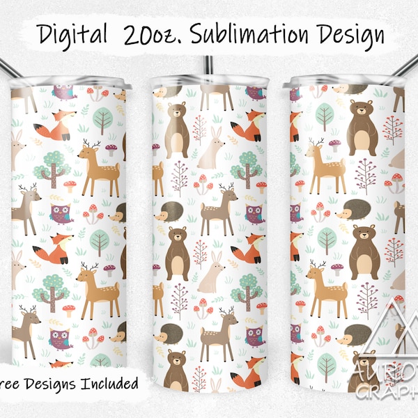 Woodland Friends - Digital 20oz Skinny Tumbler Wrap Forest Animals Tapered Straight Sublimation Design PNG Instant DIGITAL DOWNLOAD