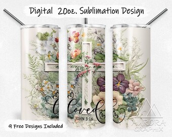Watercolor Cross - Digital 20oz Skinny Tumbler Wrap Spring Religious Loved John 3:16 Taper Straight Sublimation Design PNG Instant Download