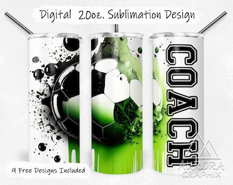 Soccer Coach - Digital 20oz Skinny Tumbler Wrap Sports Team Watercolor Seamless Tapered Straight Sublimation Design PNG Instant Download