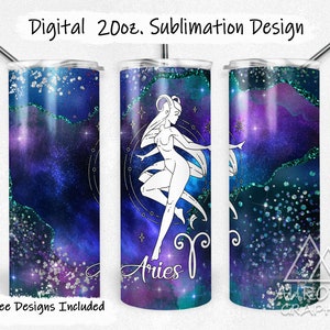 Può includere: Un design di sublimazione per un bicchiere da 20 oz. con uno sfondo di galassia e un contorno bianco del segno zodiacale Ariete e una donna con i capelli lunghi. Il testo "Aries" è scritto sotto la donna.