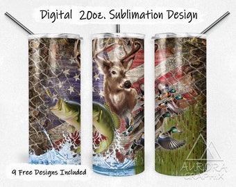 Hunting - Digital 20oz Skinny Tumbler Wrap Deer Fish Duck Camo Wood Flag Seamless Tapered Straight Sublimation Design PNG Instant Download