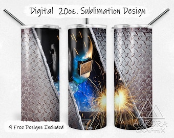 Welder - Digital 20oz Skinny Tumbler Wrap Welding Diamond Metal Seamless Tapered Straight Sublimation Design PNG Instant Download