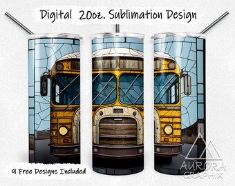 School Bus - Digital 20oz Skinny Stained Glass Tumbler Wrap Bus Driver School Teacher Straight Sublimation Design PNG Instant Download