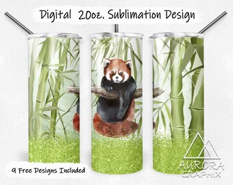 Red Panda - Digital 20oz Skinny Tumbler Wrap Green Bear Bamboo Seamless Tapered Straight Sublimation Design PNG Instant Download