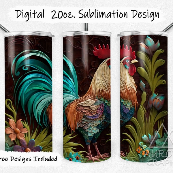 Rooster - Digital 20oz Skinny Embroidered Tumbler Wrap Chicken Farm Animals Tapered Straight Design PNG Instant DIGITAL Download