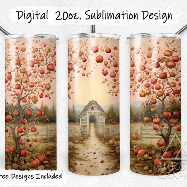 Apple Orchard - Digital 20oz Skinny Tumbler Wrap Apple Picking Season Fall Autumn Leaves Pumpkin Patch Straight Design PNG Instant Download