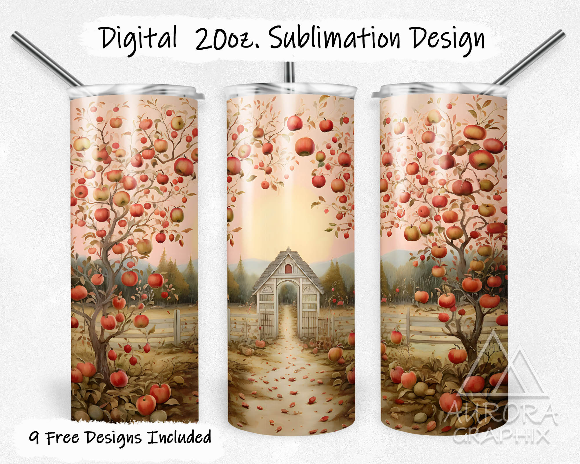 Apple Orchard - Digital 20oz Skinny Tumbler Wrap Apple Picking Season Fall Autumn Leaves Pumpkin Patch Straight Design PNG Instant Download