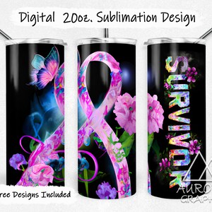May include: Sublimation design for a 20 oz tumbler featuring a pink ribbon, flowers, and the word "SURVIVOR" in a colourful, abstract style. The design is on a black background.