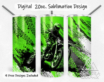 Dirt Bike Green - Digital 20oz Skinny Tumbler Wrap Motorcycle Sports Motocross Tapered Straight Sublimation Design PNG Instant Download