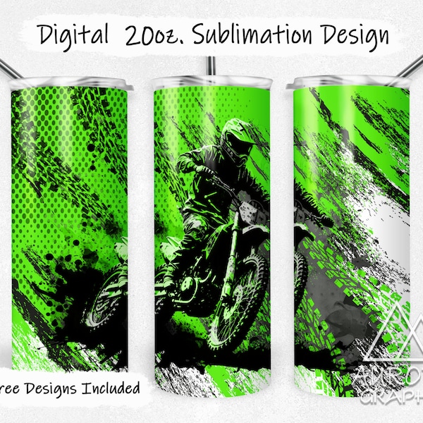 Dirt Bike Green - Digital 20oz Skinny Tumbler Wrap Motorcycle Sports Motocross Tapered Straight Sublimation Design PNG Instant Download