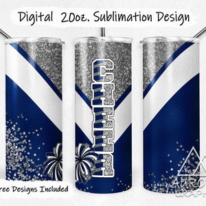 Cheer Blue Silber - Digitale 20 Unzen Skinny Becher Wrap Pompom Glitzer Cheerleader Tapered Straight Sublimation Design PNG Instant Download